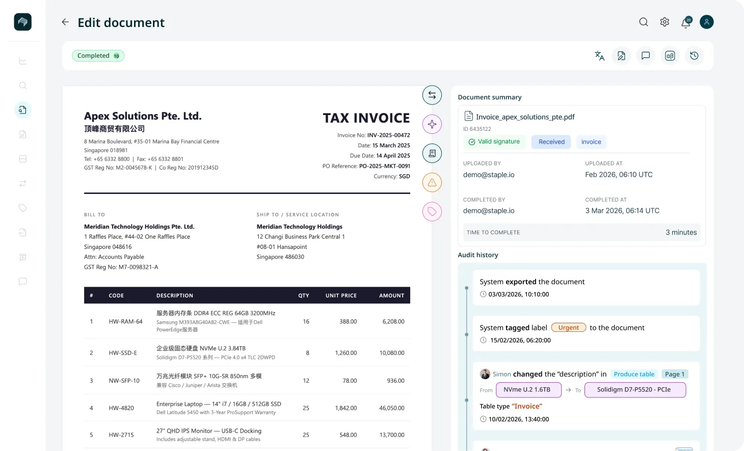 Staple document editor showing a bilingual English and Chinese tax invoice with field-level audit history