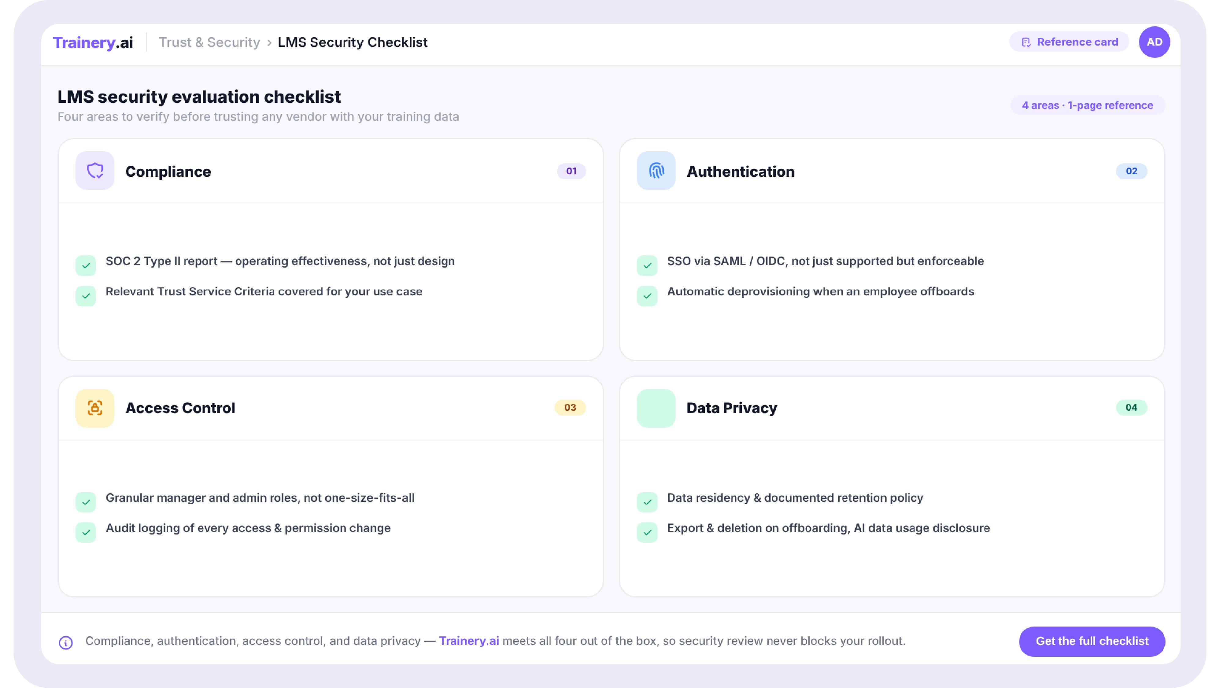 One-page checklist graphic summarising the four LMS security evaluation areas: compliance, authentication, access control, and data privacy