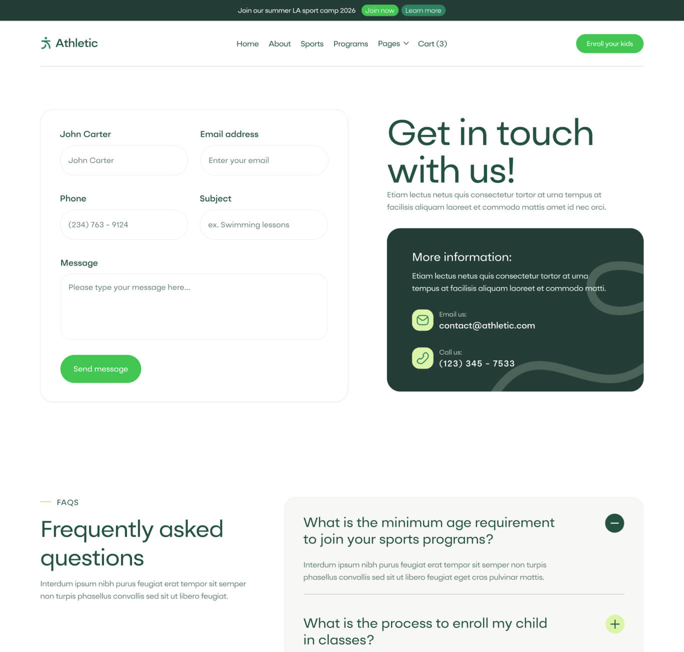 Athletic - Contact V3 Page - Sports Academy Webflow Template