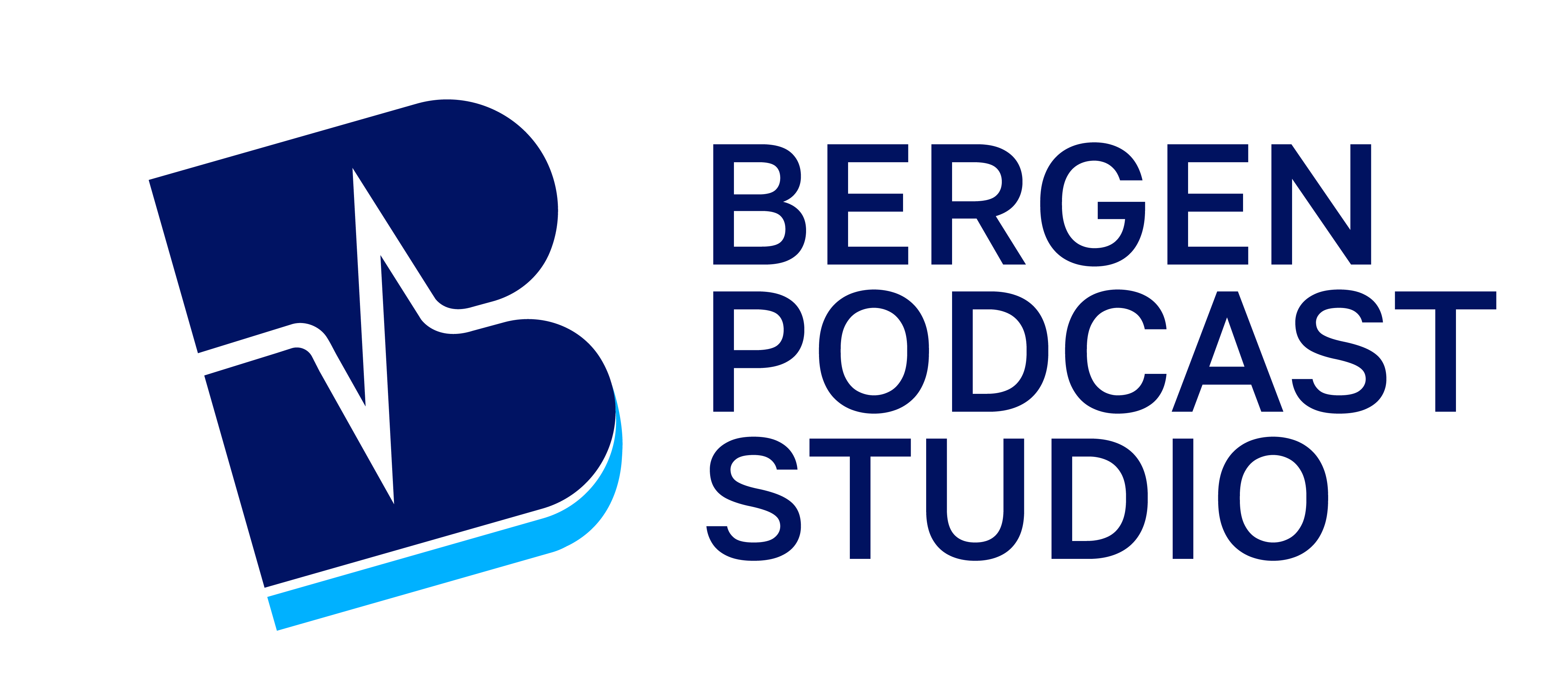 Logo of Bergen Podcast Studio with stylized letter B and text in dark blue and light blue.