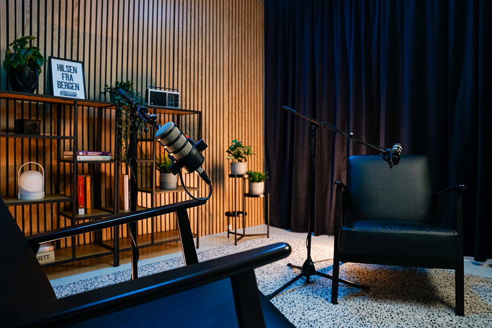 Two chairs with microphones in a cozy podcast recording room with shelves and plants.