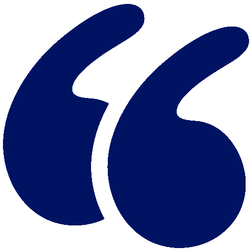 Dark blue stylized double quotation mark symbol on a transparent background.