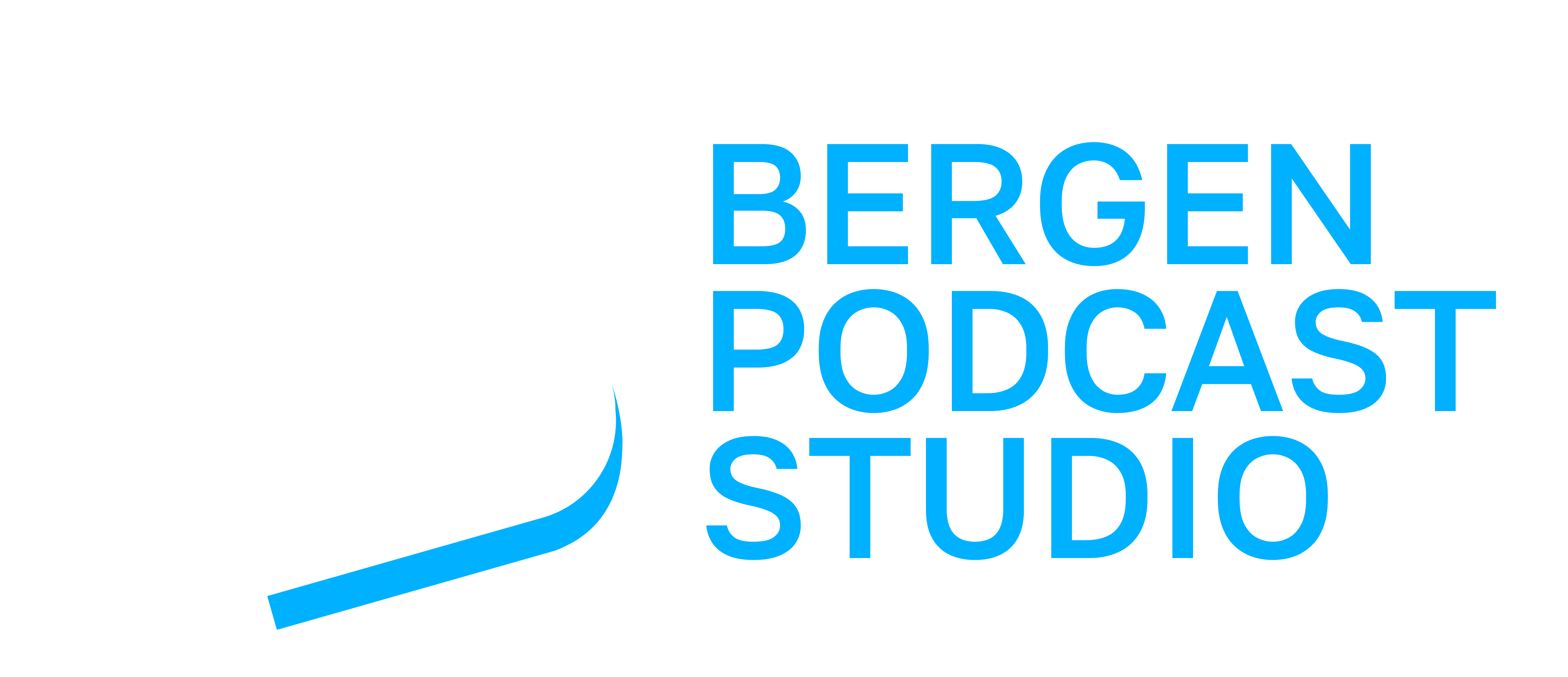 White stylized B logo with heartbeat line and blue shadow, next to blue text Bergen Podcast Studio.