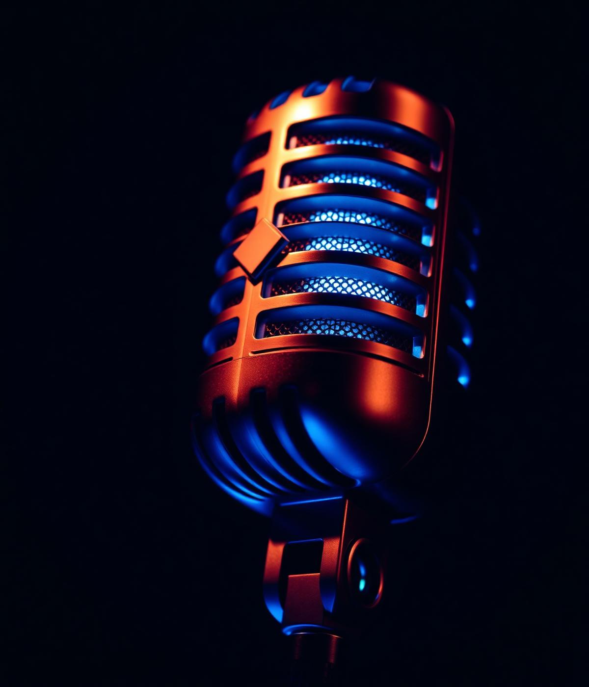 Close-up of vintage microphone illuminated with blue and orange light on black background.