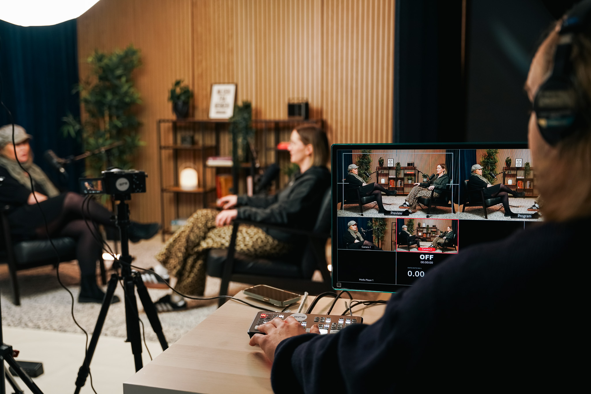 Technician recording video podcast in Bergen studio