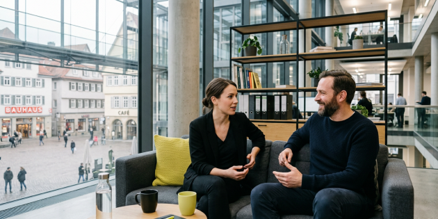 Eine Frau und ein Mann sitzen auf einer Couch und reden