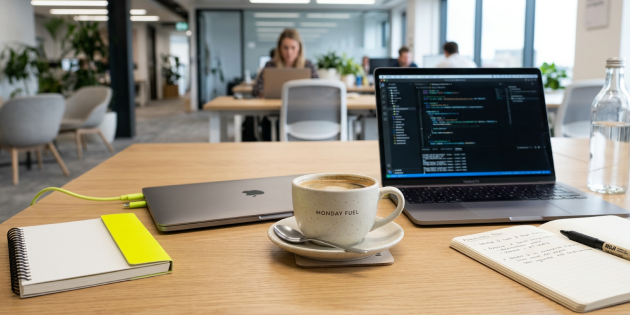 Ein offener Laptop steht neben einer Kaffeetasse auf einem Schreibtisch