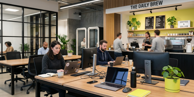 Mehrere Personen sitzen in einem offenen Büro mit einer integrierten Kaffeebar