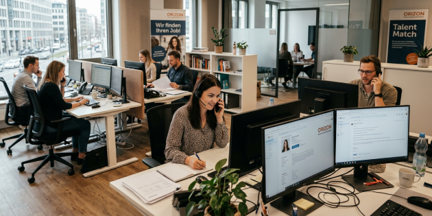 Mehrere Personen sitzen in einem modernen Büro und arbeiten an Bildschirmen