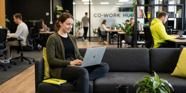 Eine Frau sitzt auf einem Sofa und arbeitet am Laptop