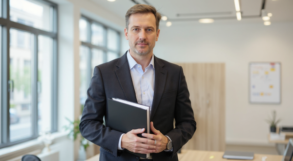 Ein Geschäftsmann steht in einem modernen Büro mit einer Akte in der Hand.