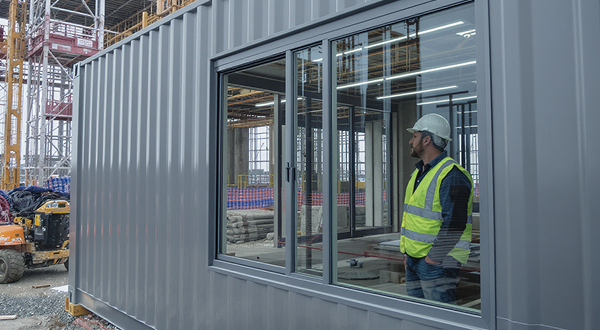 Ein Bauarbeiter steht in einem Baucontainer und schaut hinaus.