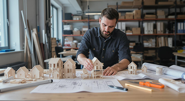 Ein Mann sitzt an einer Werkbank und baut Architekturmodelle aus Holz.