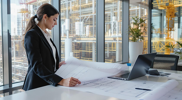 Eine Frau steht in einem hellen Büro und schaut auf Baupläne.