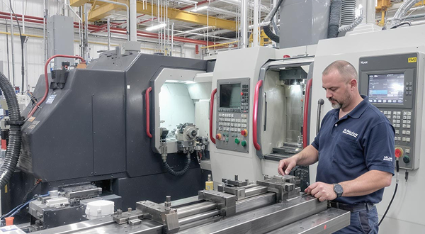 Ein Mann steht an einer modernen CNC Maschine und bedient sie.