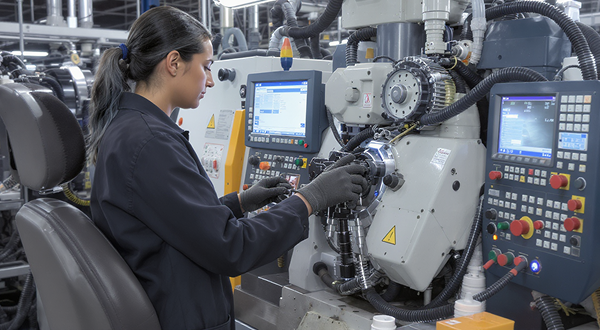 Eine Frau steht an einer Industriemaschine mit mehreren Knöpfen und bedient diese.