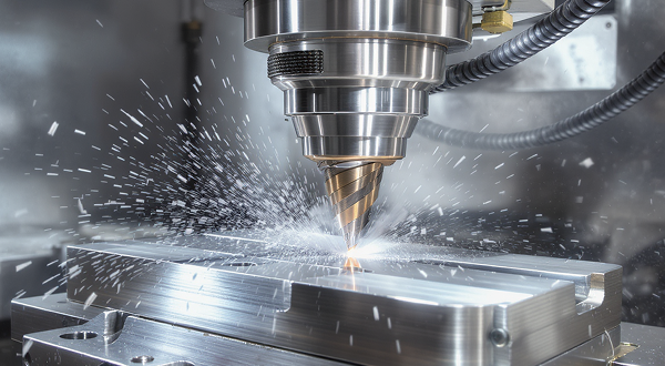 Nahaufnahme einer CNC-Fräsmaschine mit Funkenflug bei Metallbearbeitung