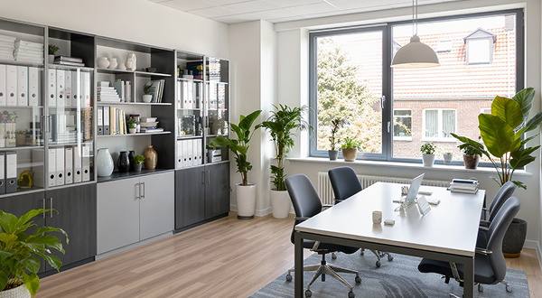 Ein modernes Büro mit hellem LIchteinfall und grünen Pflanzen.