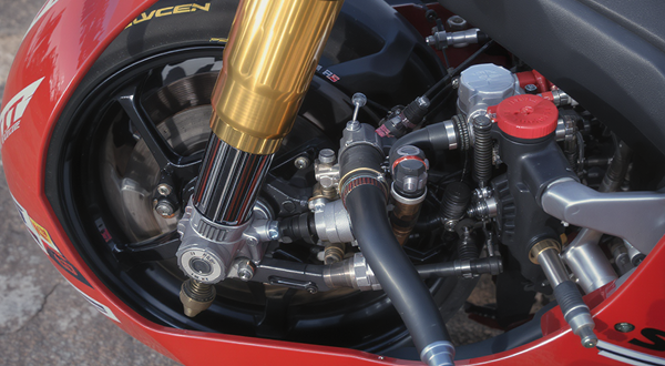 Nahaufnahme eines Motorrads mit Bremsscheiben.