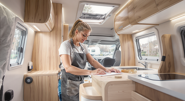 Eine junge Frau steht in einem Wohnmobil und arbeitet an der Einrichtung.