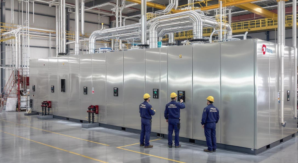 3 Männer in Arbeitskleidung stehen vor einer großen Industrieanlage.