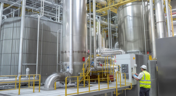 Ein Mann mit Warnweste steht vor einer großen zylinderförmigen Industrieanlage.