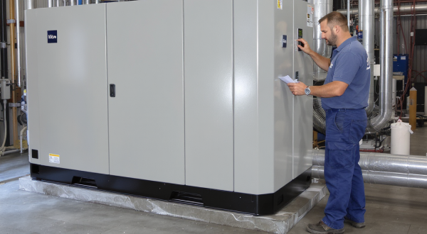 Ein Techniker in blauer Arbeitskleidung kontrolliert eine Industrieanlage.