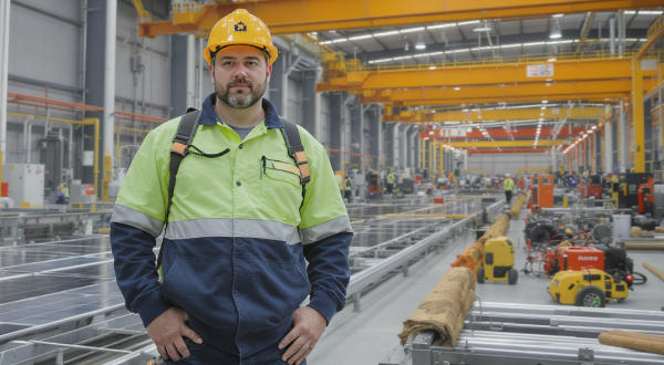 Ein Mann mit gelbem Helm und Arbeitskleidung steht in einer Fabrikhalle.