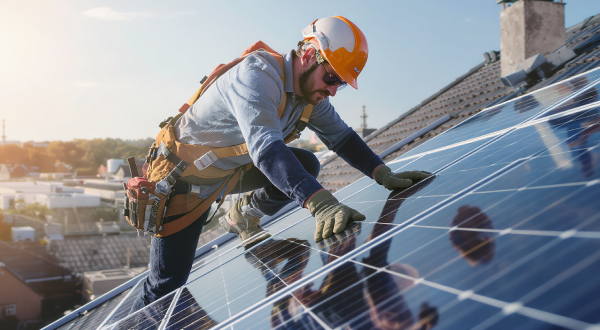 Ein Handwerker steht auf einem Dach und installiert eine Solaranlage.