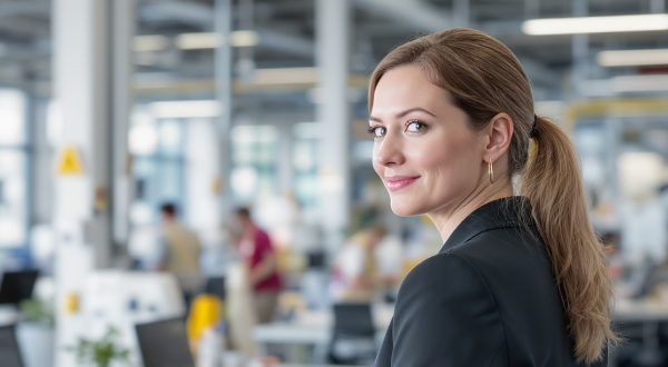 Eine junge Frau steht in einer Industriehalle und lächelt in die Kamera.