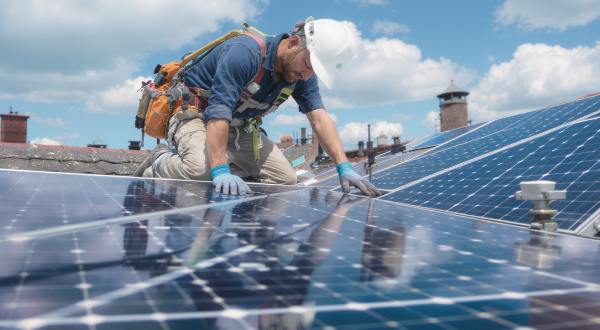 Ein Mitarbeiter kniet neben einer Solaranlage, die installiert wird.