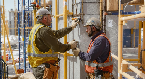 Zwei Bauarbeiter arbeiten auf einer Baustelle und tragen weiße Helme und Warnwesten.