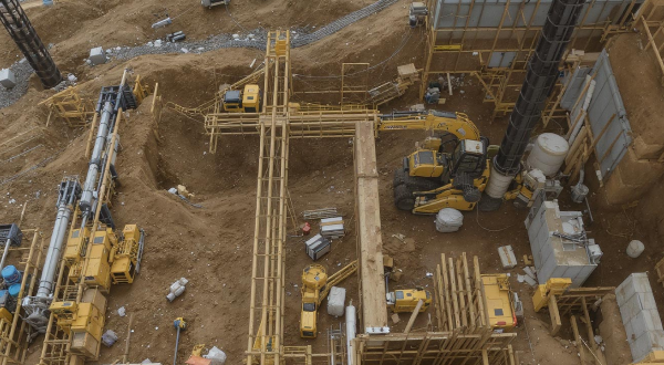 Luftaufnahme von einer Baustelle mit Rohren, Holzkonstruktion und Bagger.
