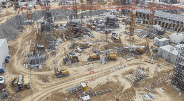 Luftaufnahme einer Baustelle mit vielen Baumaschinen.
