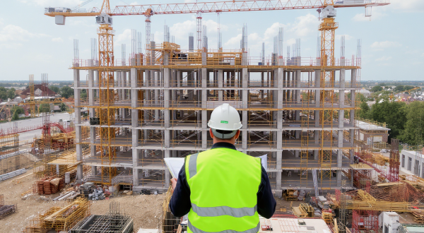 Ein Bauarbeiter trägt eine Warnweste und einen Helm und schaut über eine große Baustelle.