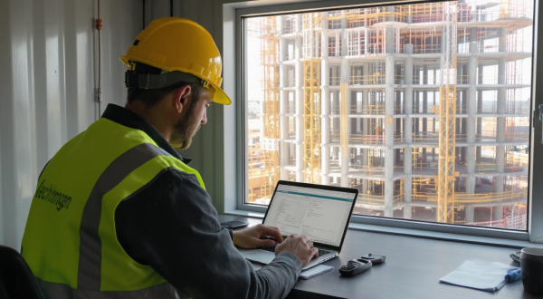 Ein Bauarbeiter mit Helm und Weste sitzt in einem Baucontainer an einem Laptop.
