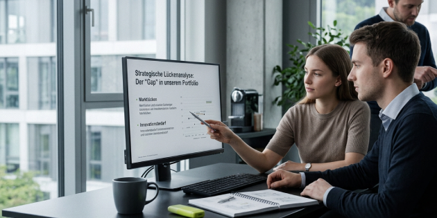 Ein Team sitzt vor einem Monitor und eine Person zeigt mit einem Stift auf den Bildschirm.