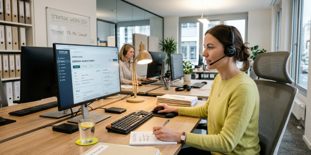 Eine Frau mit Headset sitzt an einem Schreibtisch und telefoniert.