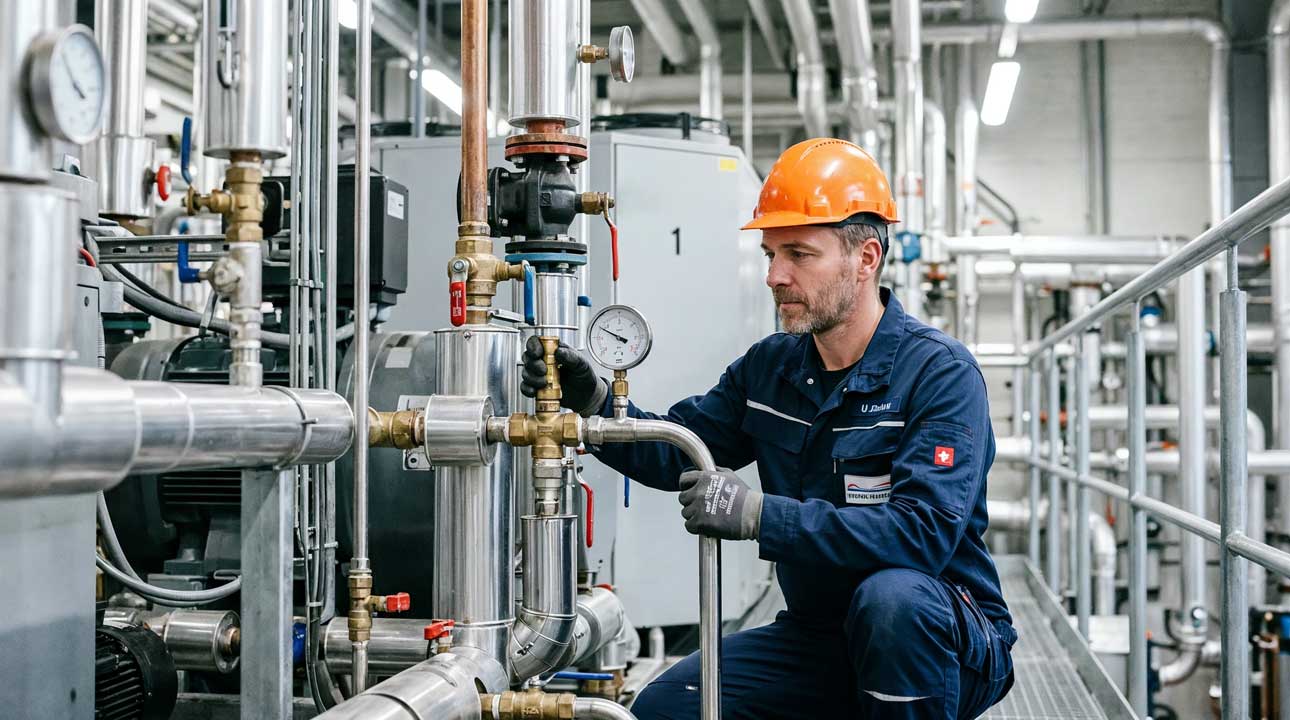 Techniker mit blauem Schutzhelm liest Dokumente vor großer Industriemaschine
