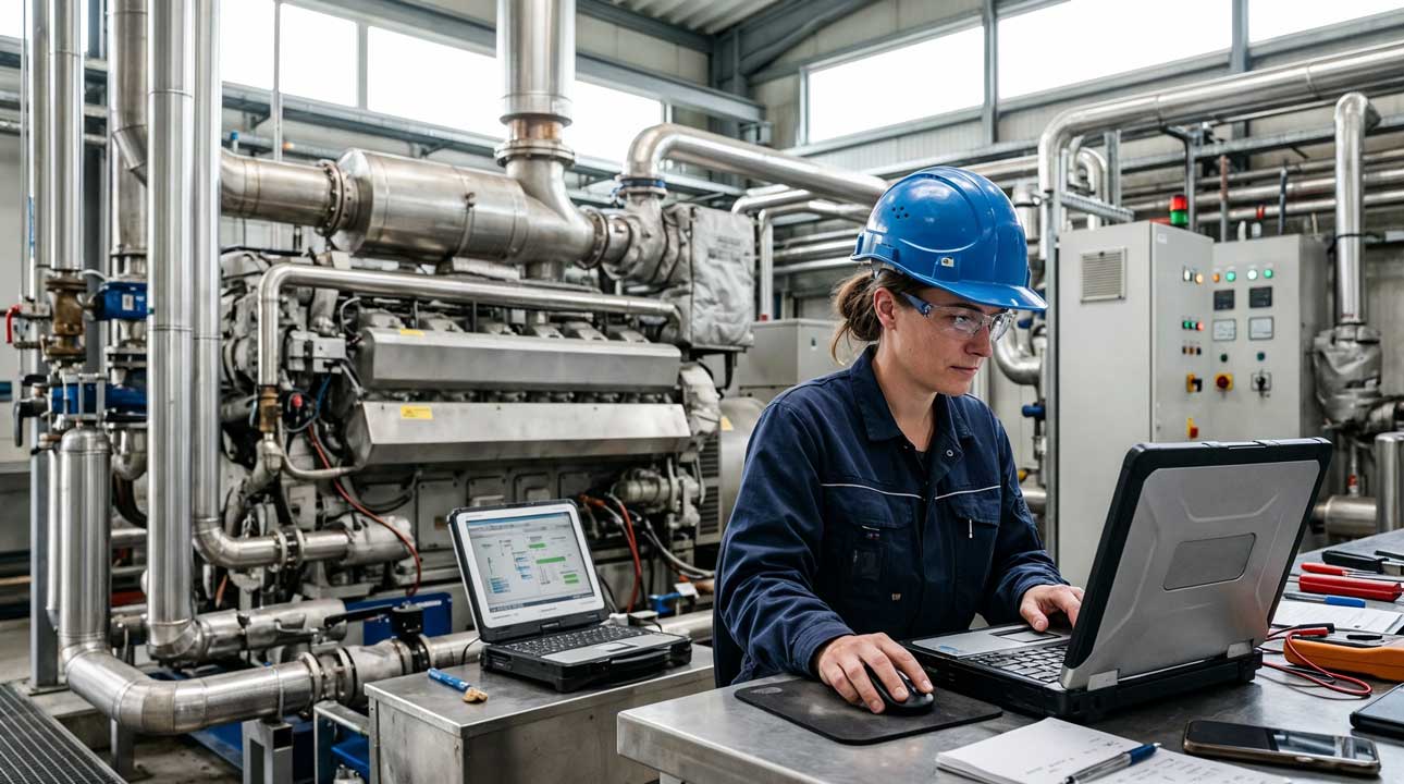 Technikerin in Arbeitskleidung und Warnweste vor Industrieanlage