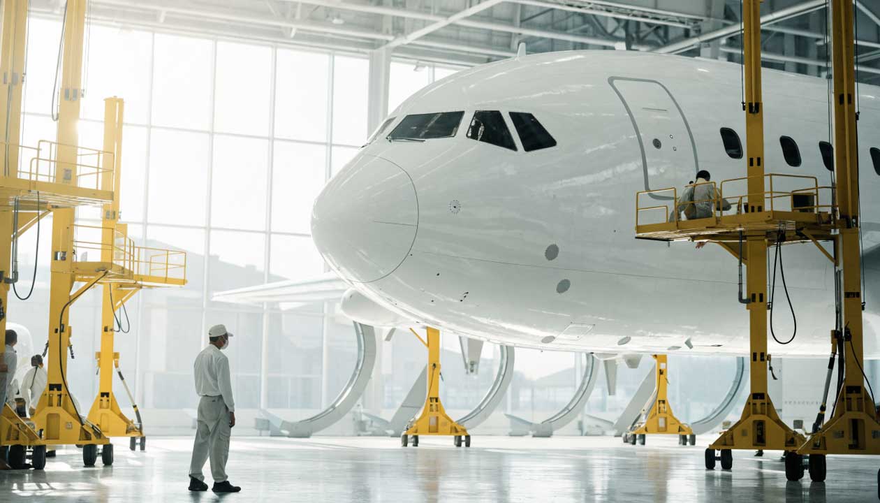Flugzeugbug umgeben von gelben Wartungsdocks im Hangar, Mitarbeiter bei der Inspektion.