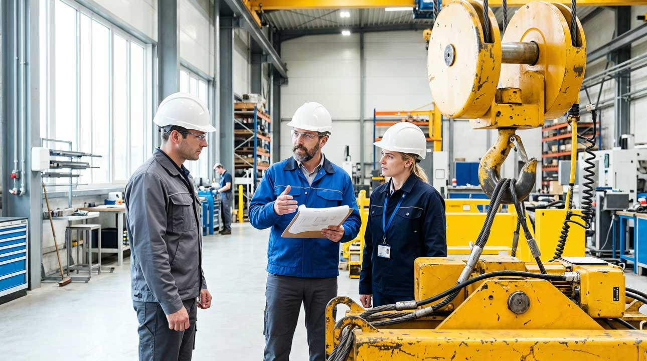 Drei Servicetechniker besprechen Prüfunterlagen an einem gelben Kran in der Werkstatt..