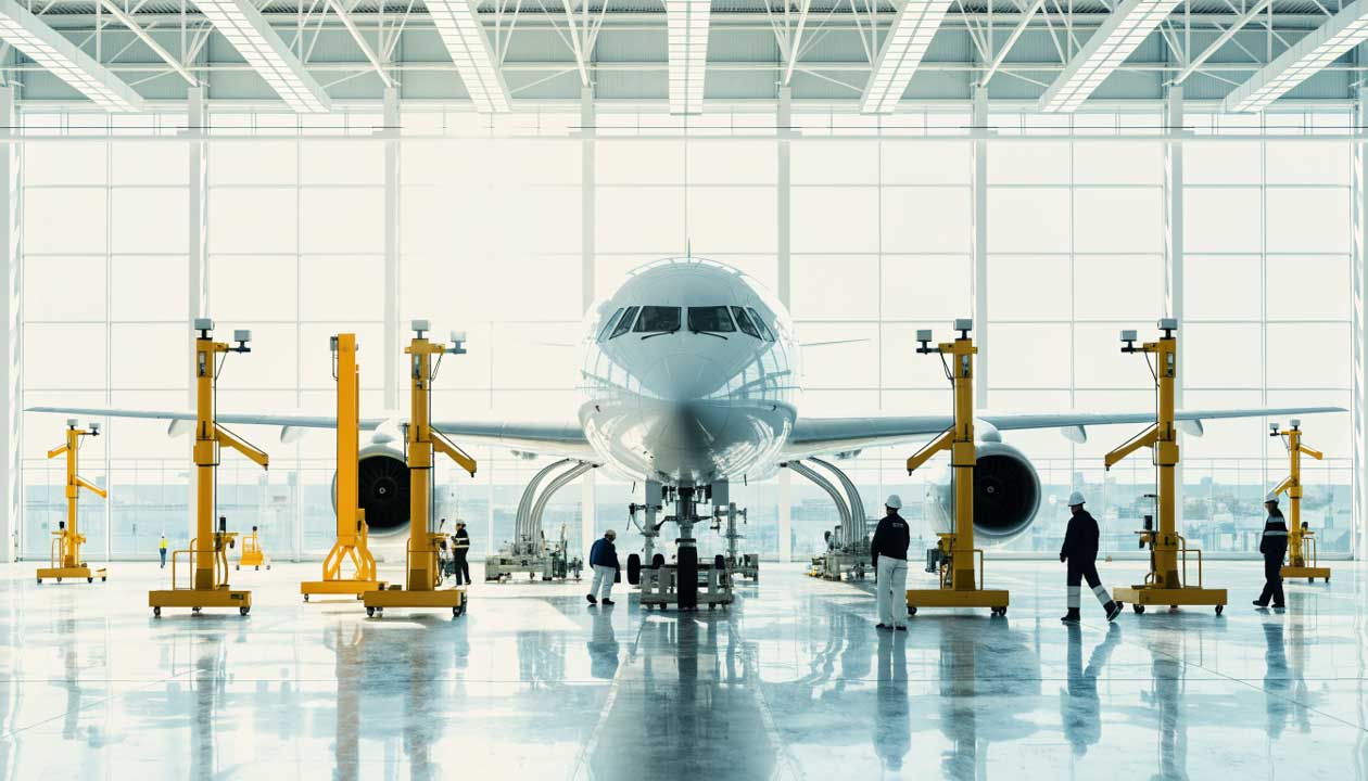 Ein Verkehrsflugzeug steht in einem Hangar und wird gewartet.