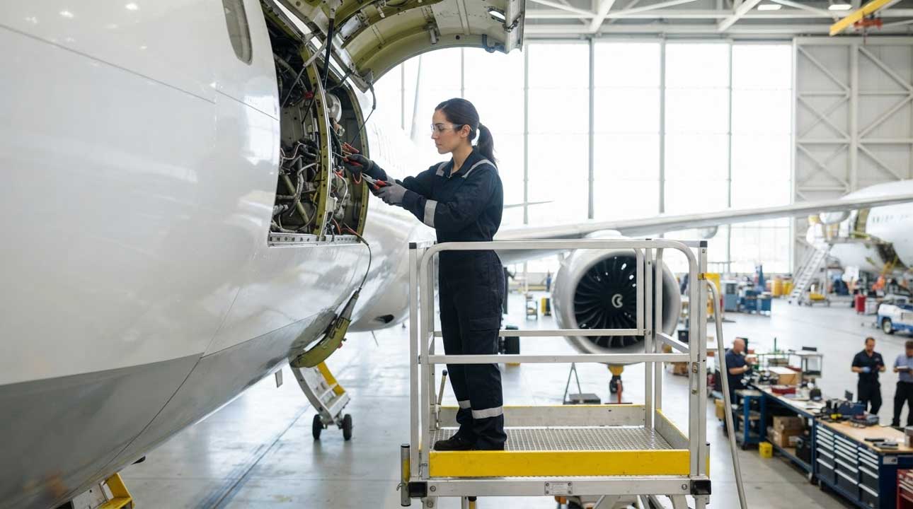 Technikerin wartet ein Flugzeug auf einer Hebebühne.