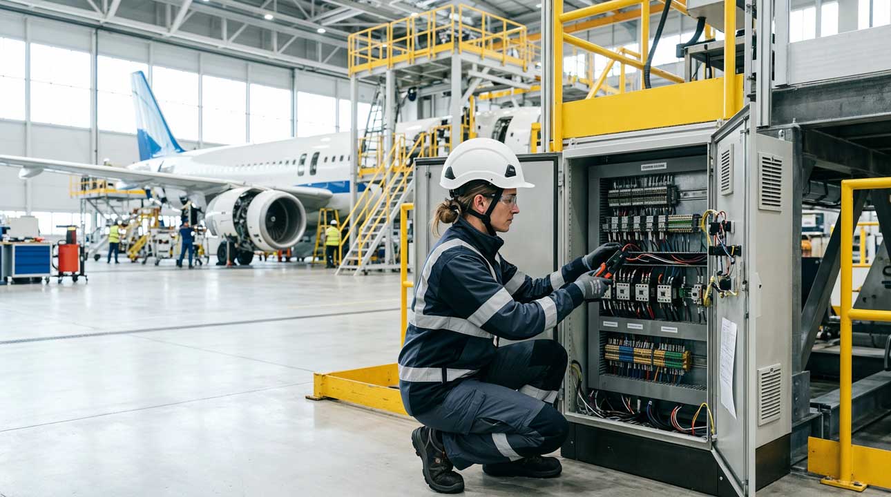 Technikerin misst die Steuerung einer Wartungsdocking-Anlage im Hangar mit Verkehrsflugzeug im Hintergrund.