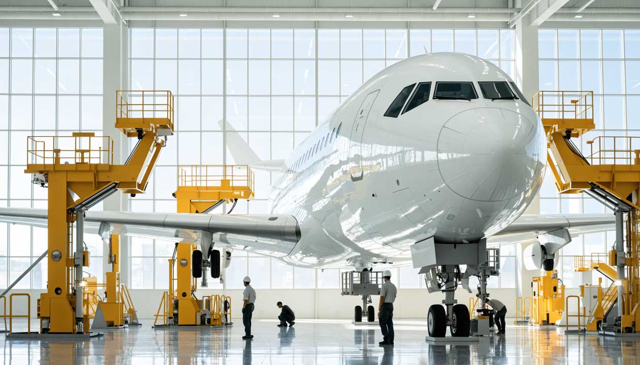 Flugzeugbug umgeben von gelben Wartungsdocks im Hangar, Mitarbeiter bei der Inspektion.