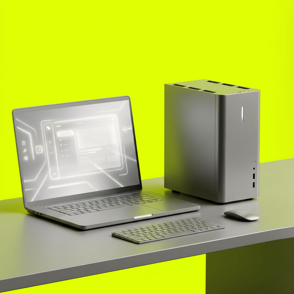 Laptop, Desktop-PC, Tastatur und Maus auf grauem Tisch vor leuchtend gelbem Hintergrund.