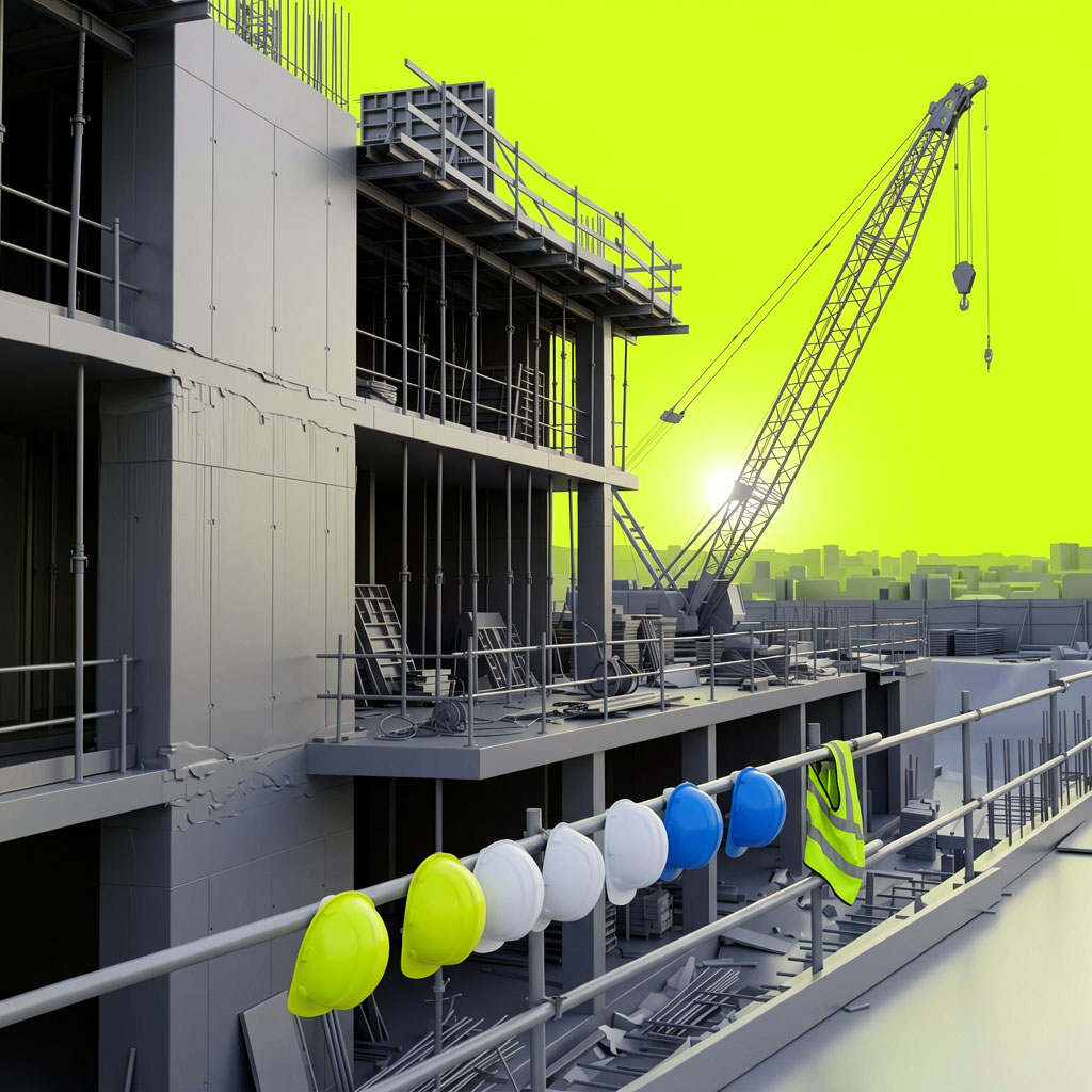 Baustelle mit Helmen und Warnweste an Geländer, Kran und Gebäudestruktur bei Sonnenuntergang vor leuchtend gelbem Hintergrund.