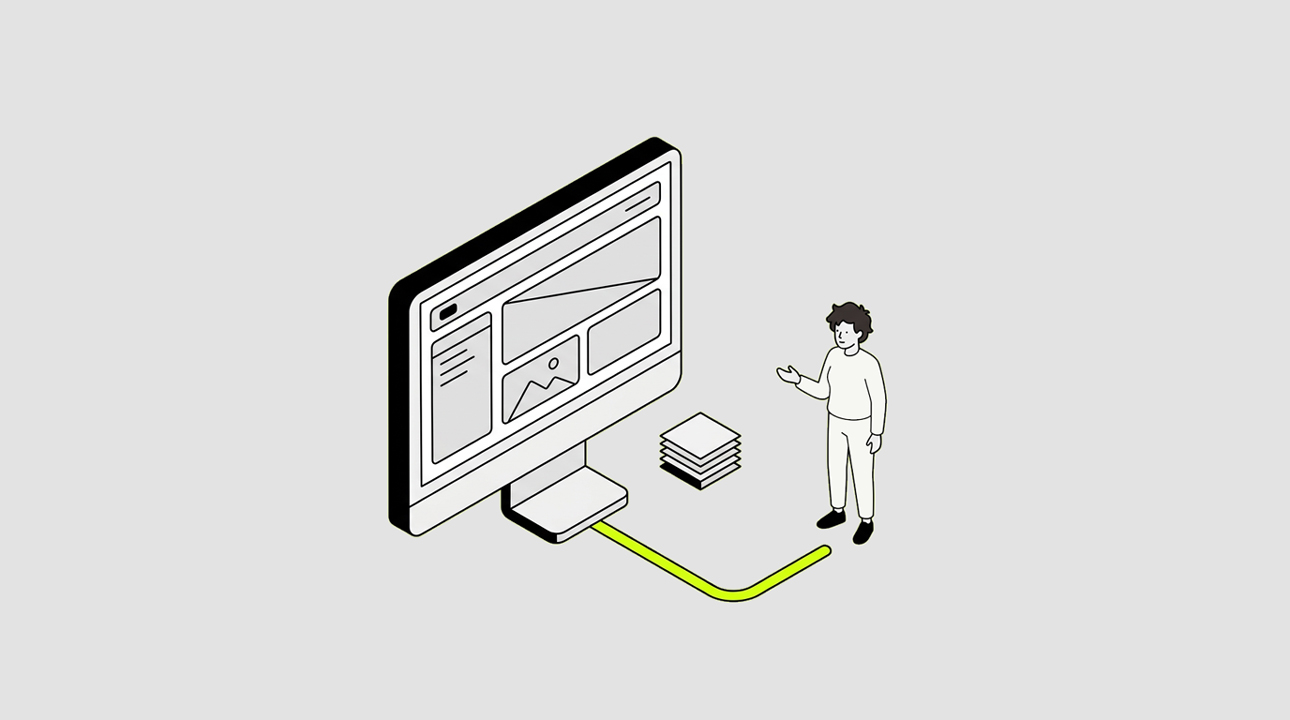 Laptop, Desktop-PC, Tastatur und Maus auf grauem Tisch vor leuchtend gelbem Hintergrund.