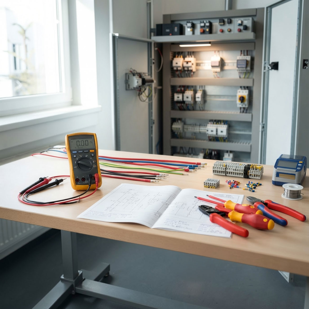 Werkbank mit Multimeter, Aderleitungen, Reihenklemmen, Zangen und Schaltplan vor einem geöffneten Schaltschrank.